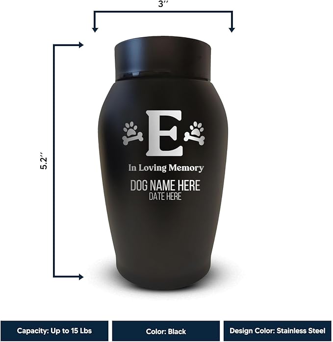 Personalized Custom Small Keepsake Urn Engraved with Pet Name, Date, and Dog Design - 5.2" Black Powder Coated Steel Cremation Urn for Dogs Ashes | 12-16 lb Capacity, Dog Bone and Paw