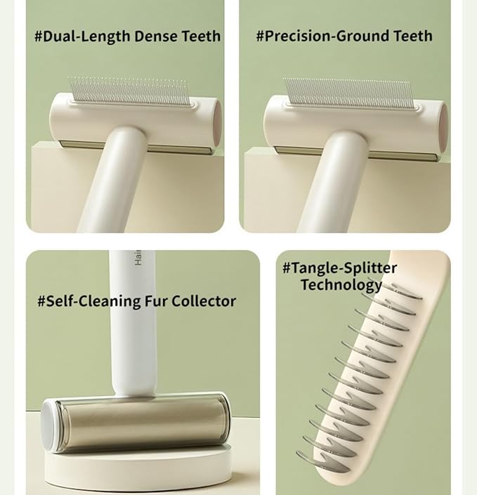 3-in-1 Pet Grooming Combs for Matted Hair Dogs/Cats,Stainless Grooming Comb with Short & Long Teeth,With a Lint Roller for Dust & Hair,Hidden Dematting Comb for Long Hair,Easy to Use and Clean White