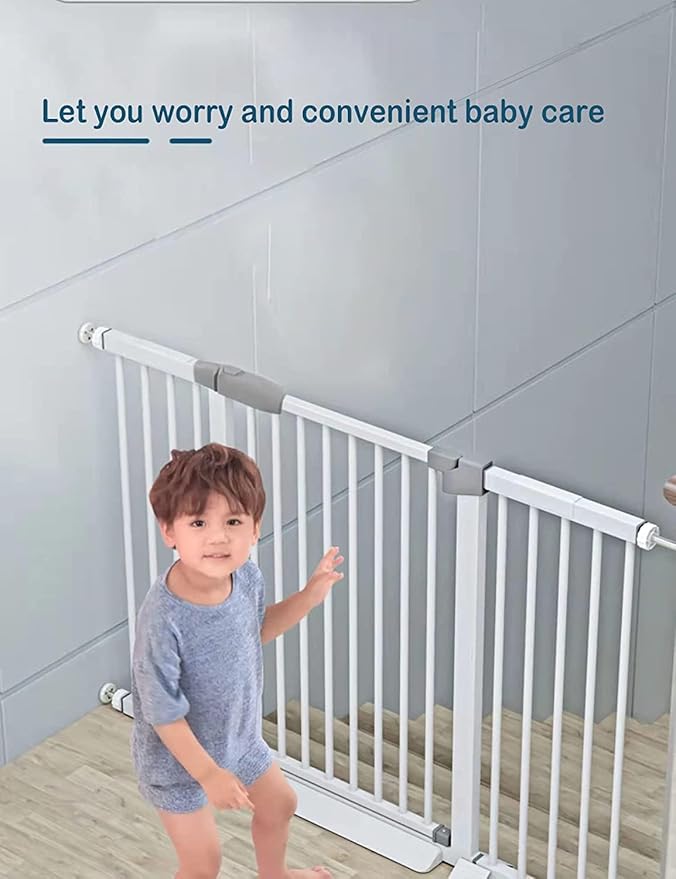 Adjustable Baby Gates for Doorways Stairs and House, Auto Close Safty Gates, Extra Tall and Wide Child Gate, Tall White Pet Gate, Metal Baby Gate Dog Gate, Pressure Mount.