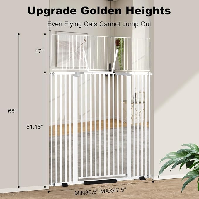68" Extra Tall Cat Gate, Fits 30.5"-47.5" Wide Opening with 2.75" and 5.5" and 8.25" Extension Kits, Extra Narrow Gap, No Drilling Pressure Mount Auto Close Safety Gate, White