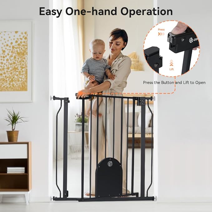 COMOMY 29.5-33.4" Baby Gate with Adjustable Cat Door,Extra Wide Metal Cat Gate for Stairs Doorways, Auto Close Dog Gate with Pet Door for House, Pressure Mounted Easy Walk Through (30" Tall, Black)