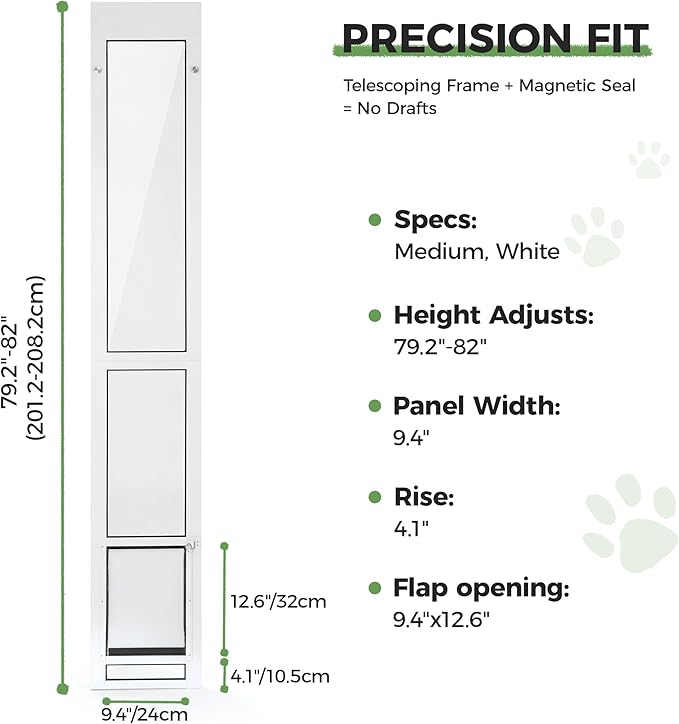 Slevoo Sliding Glass Dog Door, No-Cut Installation, Height Adjustable 79 1/5" to 82", Upgraded Silicone Flap, Weatherproof & Secure Pet Door for Medium/Large Dogs, White Aluminum Frame (Medium)