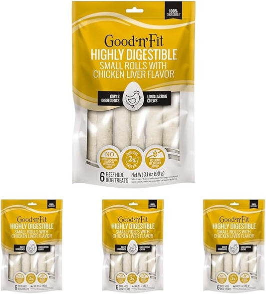 Good n Fit Small Rolls with Real Chicken Liver Flavor, 6 Count, Long-Lasting Highly Digestible Rawhide Chews for Dogs (Pack of 4)