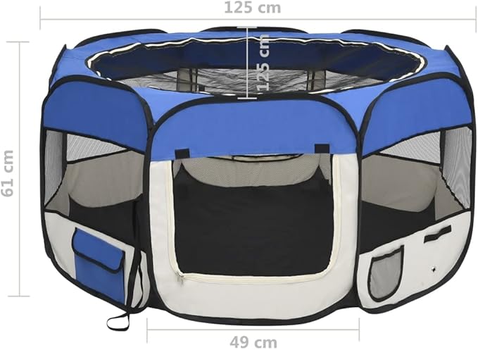 vidaXL Foldable Dog Playpen with Carrying Bag - Blue & Cream Dog Run Cage with Strong Steel Frame & Zippered Mesh Door - Ideal for Home and Travel Use