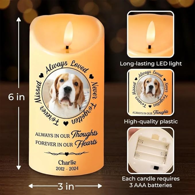 Custom Photo Always in Our Thoughts Forever in Our Hearts Dog Memorial Led Candle Gifts for Dog Mom Dad Pet Owners Christmas Birthday Pet Memorial Sympathy Remembrance Led Candle Decor Gifts