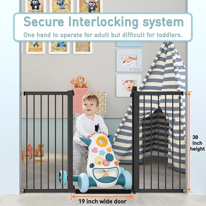 Fairy Baby 38" Extra Tall Dog Gate for Stairs, 59.9"-65.3" Extra Wide Large Walk Thru Baby Gate for Doorway, Long Safety Child Toddler Gate, Metal Auto Close Puppy Cat Gate for the House, Black