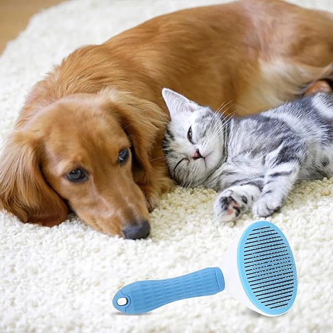 Self-Cleaning Cat and Dog Slicker Brush - Grooming Comb With Smooth Handle, Pet Grooming Tool With Cleaning Button for Shedding and Massage (BLUE)