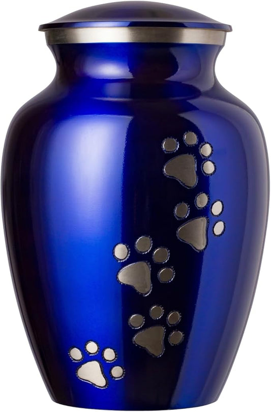 Ottillie Paws Legacy Series Pet Urn for Dogs and Cats, Handmade Aluminum Memorial Cremation Urn (Small - Pets up to 25 lbs, Pure Blue, Vertical Pewter Paws)