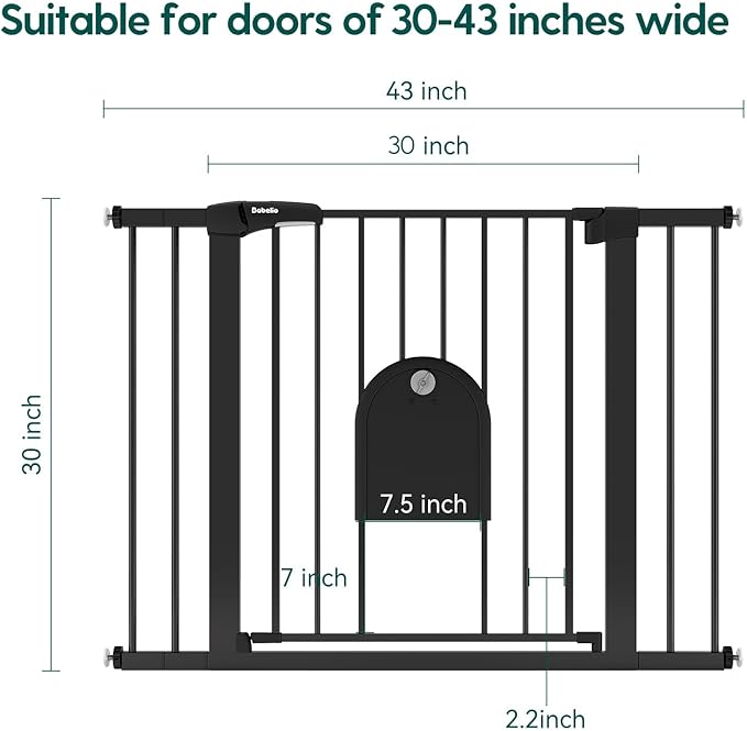 BABELIO 30-43" Baby Gate with Cat Door, Adjustable Metal Pet Door, Auto Close Dog Gate Indoor, No Drilling Pressure Mounted Easy Walk Thru for Doorway and Stairs, Black