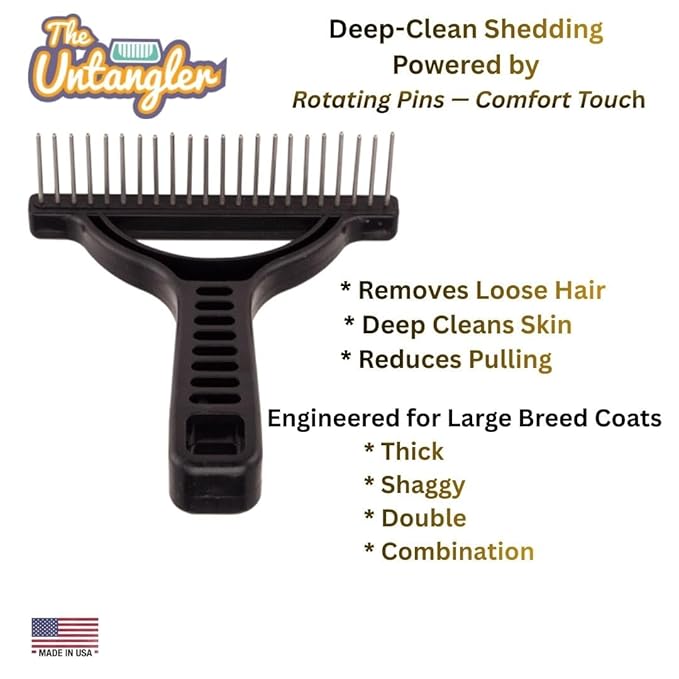 The Untangler Rakes for Grooming and Shedding -silky smooth rotating teeth to easily collect loose hair (Black, Extra-Long)