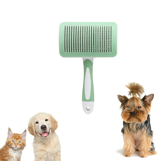 Self Cleaning Slicker Brush for Dogs & Cats, Easy One-Click Self-Cleaning Pet Grooming Brush, Skin-Friendly Deshedding Brush Removes Loose Fur & Undercoat for Long & Short Haired Pets, Green