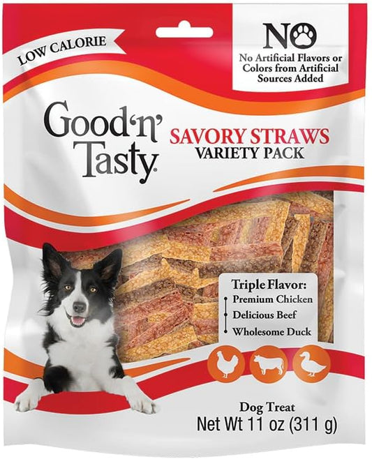 Good 'n' Tasty Savory Straws Variety Pack Treats for All Dogs, Crunchy Veggie Straw-Inspired Low-Calorie Gourmet Dog Treats, Real Chicken, Beef or Duck, 3.7 oz