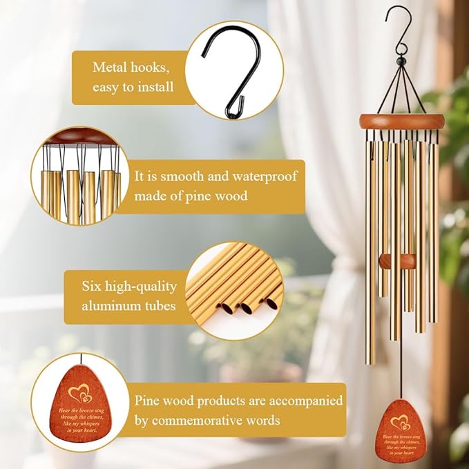 Dog Memorial Gifts Wind Chimes, Pet Loss Sympathy Gift, 25.5'' Dog Cat Passing Away Remembrance Wind Chime with Rainbow Bridge Poem Card, Gold