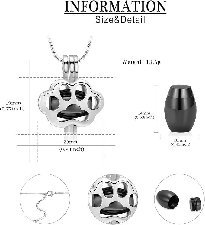 Pet Cremation Jewelry for Ashes Paw Memorial Locket Urn Necklace Keepsake Cremation Jewelry for Dog/Cat (Silver-Black)