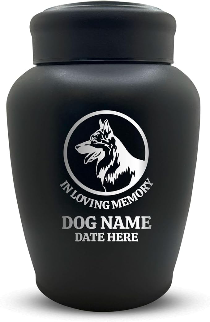 Custom Dog Urn Engraved Pet Name and Date - Personalized Stainless Steel Large Cremation urns for Dogs Ashes with Airtight Closure | up to 150 lbs Capacity | German Shepperd Silhouette
