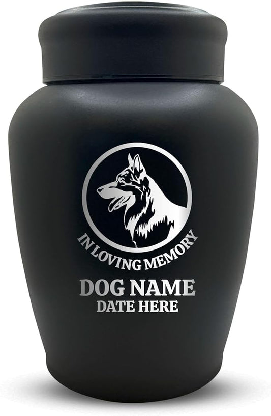 Custom Dog Urn Engraved Pet Name and Date - Personalized Stainless Steel Large Cremation urns for Dogs Ashes with Airtight Closure | up to 150 lbs Capacity | German Shepperd Silhouette