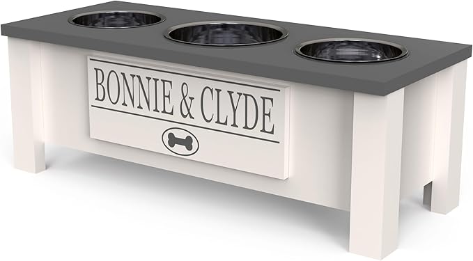 GTW Elevated 3 Bowl Dog Feeding Station - Customized Triple Stand for Medium Size Dog Breeds - Includes Storage & Stainless Steel Bowls (Medium, Grey)