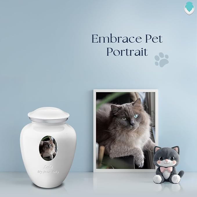 Geturns Embrace Personalized Picture Urn for Small Pets I White Photo Cremation Urns for Dogs and Cats I 44 lbs