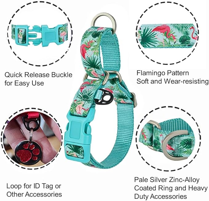 Martingale Dog Collar,Flamingo Pattern,with Safety Quick Release Buckle,Escape-Proof Anti-Pull for Medium Dogs(Flamingo,M)