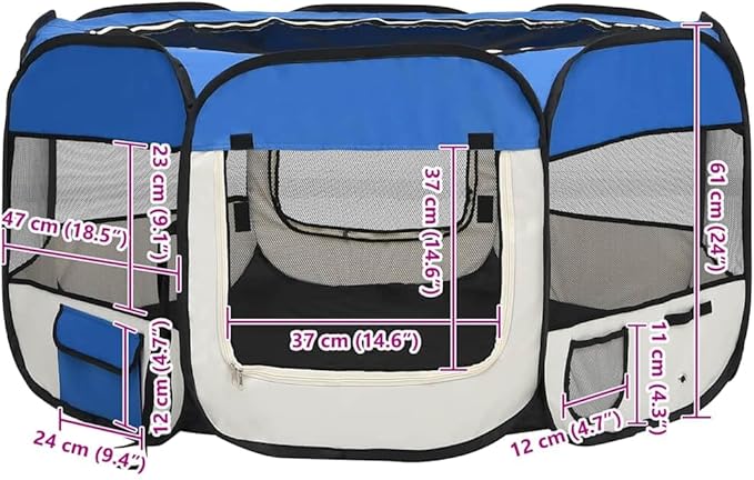 vidaXL Foldable Dog Playpen with Carrying Bag - Blue & Cream Dog Run Cage with Strong Steel Frame & Zippered Mesh Door - Ideal for Home and Travel Use