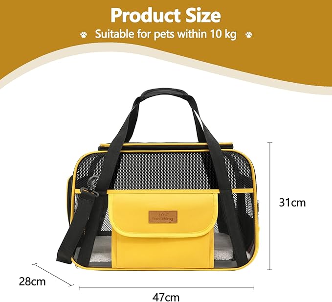 Pet Carrier, Airline Approved Small Dog Cat Carrier, Collapsible Travel Dog Bag, Dog Soft-Sided Carriers with Secure Zippers and Anti-Scratch Mesh(Yellow)
