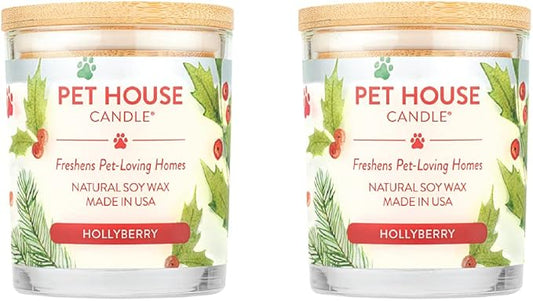 One Fur All Pet House Candle 2 Pack - Plant-Based/Soy- Clean Burning Scented, Long Lasting Pet Odor Candle for Home - Hollyberry