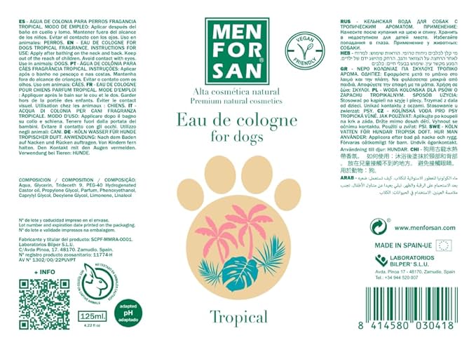 MENFORSAN Cologne water for dogs | Tropical | Intense and refreshing aroma | Deodorant effect | With very mild ingredients that DO NOT irritate the skin | With Neutral Ph | 125ml
