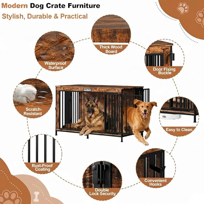 XL Dog Crate Furniture 48'' | Extra Large Heavy Duty Anti-Chew Dog Kennel | Rustic Wooden Entertainment Center & TV Stand with 350LB Top Capacity | Escape Proof Double Door Pet House