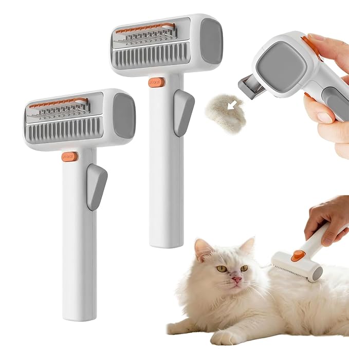 2-in-1 Pet Self-Detangling & Grooming Comb, One-Touch Dematting Brush For Long Hair Dogs. Undercoat Rake To Remove Loose Furs, Stubborn Mats Tangles, Professional Deshedding Tool Cats (2PCS)