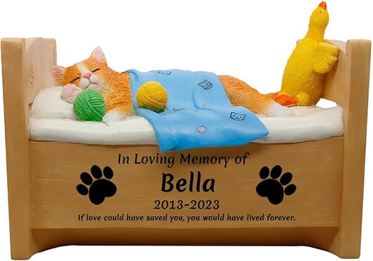 Personalized Custom Cat Memorial Statue Keepsake Urn for Pet Ashes, Customizable with Name/Date/Poem - Sleeping Cat Urn for Loss Remembrance Gift