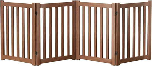 4-Panel Solid Wood Dog Gate - Freestanding Folding Pet Gate for Doorways, Stairs, Indoor, 24" Height, No Installation Needed, Walnut