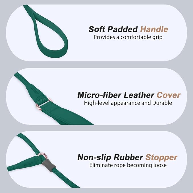 Slip Lead Dog Leash, Dog Training Leash with Double Handle, Soft Leather Slip Leash and Collar, Heavy Duty Nylon Dog Lead, No Pull Walking for Medium Large Small Dogs 5ft Dark Green