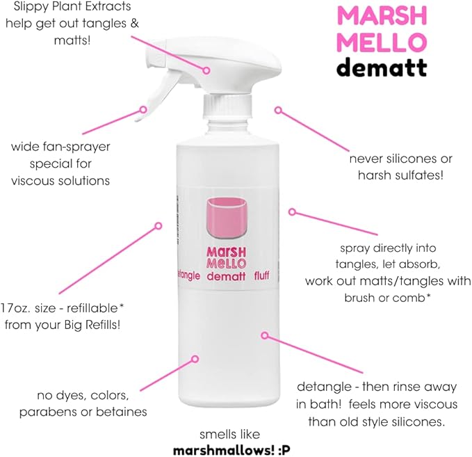 Marshmello Dematt Spray. The One The Dog Groomers Use! Natural Plant Extracts Give Slippyness to Dematt. Dog Detangling/Dematting Spray. 17oz.