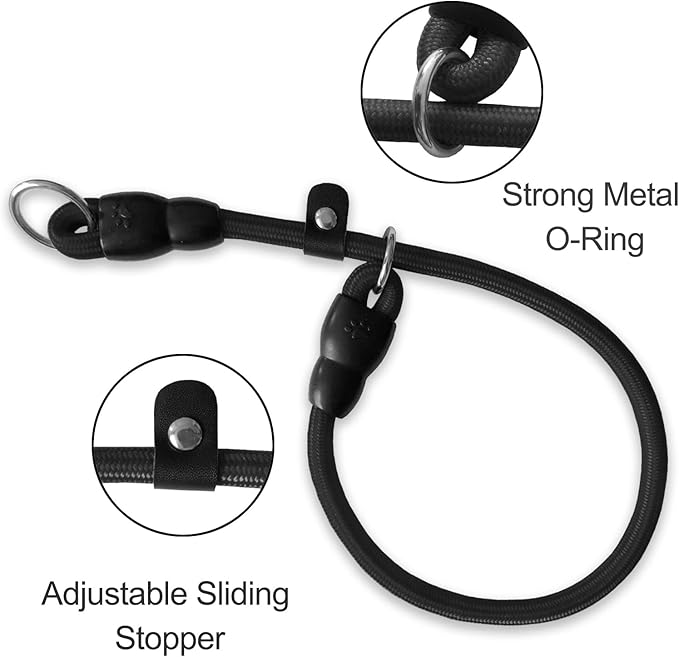 LOS ANDES Dog Slip Collar with Slidable Stopper, No Pull Choker Training Martingale Collar for Small Medium Large Dogs, Nylon, Black, S (15 in x 8 mm)