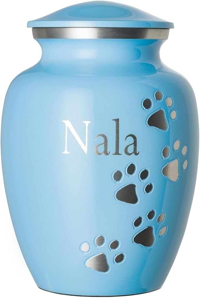 Ottillie Paws Premier Series Pet Urn for Dogs with Personalized Laser Engraving (Medium - Pets up to 65 lbs, Baby Blue with Vertical Pewter Paws)