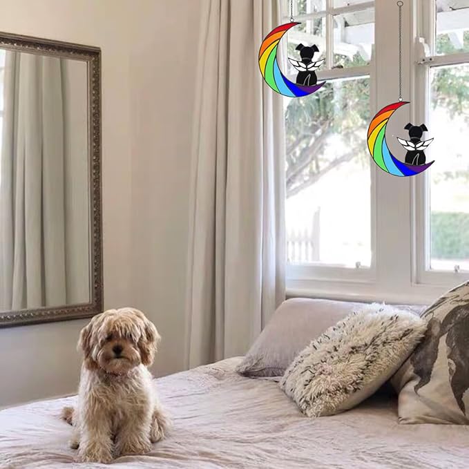 Dog Memorial Gifts for Loss of Dog Pet Sympathy Hanging Gift Black Angel Dog on Rainbow Moon Acrylic Beverage Suncatcher Ornaments Decor Window Wall Gift for Dog Lover