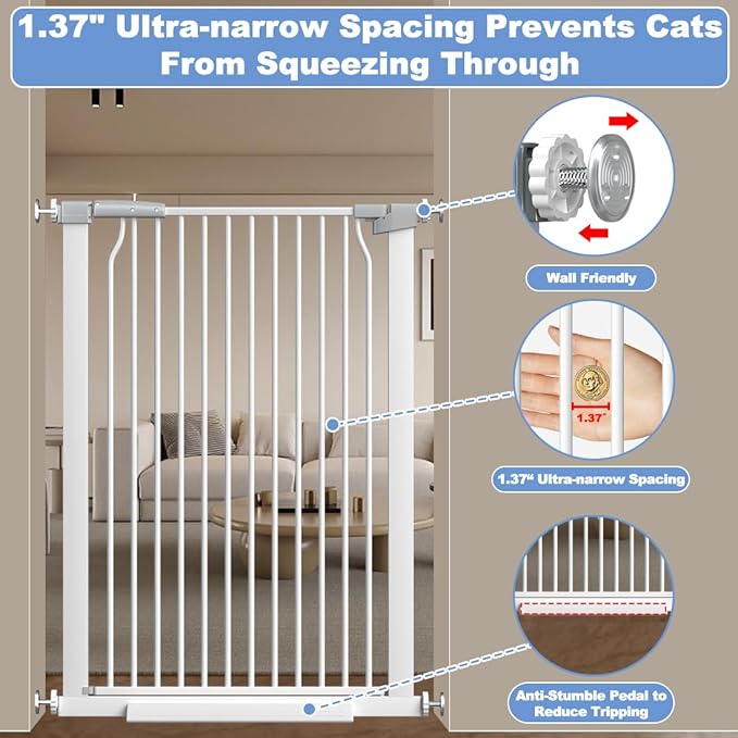 40.55" Extra Tall Baby Gate -57.5"-60.2" Extra Wide Baby Gate Pet Gate for Stairs and Doorways-1.37" Ultra Narrow Spacing Pressure Mounted Dog Gate with One-Handed Operation(57.5"-60.2")