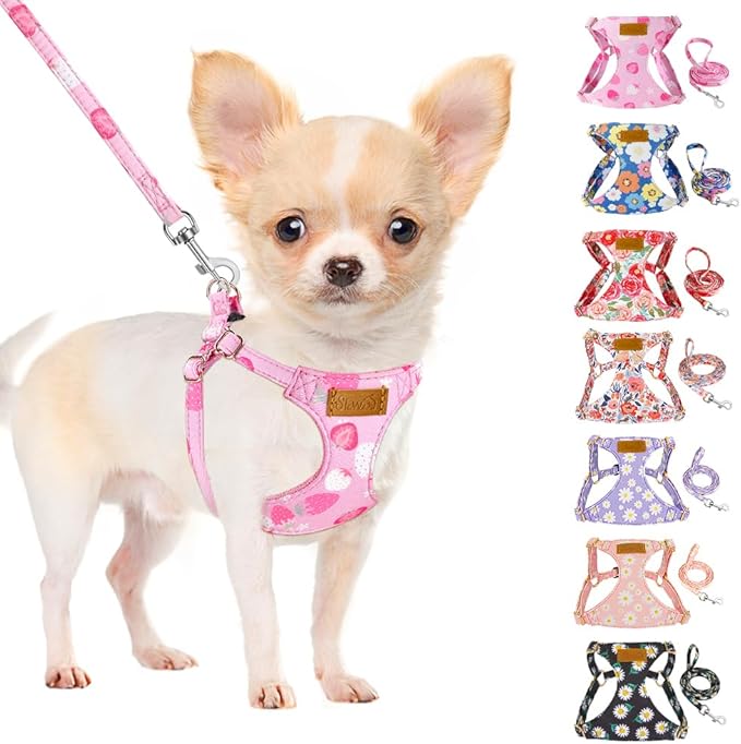 SlowTon No Pull Dog Harness with Leash - Soft Lightweight Floral Pattern Puppy Harness, Adjustable Pet Harness for Small Medium Dogs (Pink Strawberry, XXS)