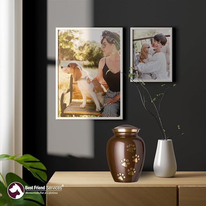 Ottillie Paws Legacy Series Pet Urn for Dogs and Cats, Handmade Brass Memorial Cremation Urn (Small - Pets up to 25 lbs, Harvest Brown, Vertical Brass Paws)