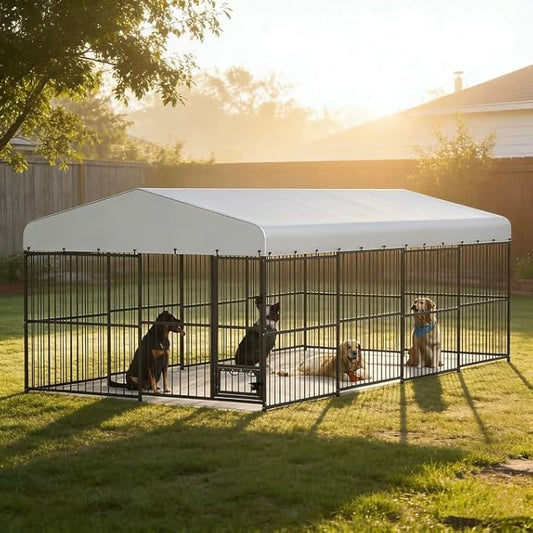 Garvee Dog Kennel Outdoor with Waterproof Canopy, Large Dog House with Feeding Doors, Large Dog Kennel Outdoor for Garden Backyard Courtyard（10×20×7FT）