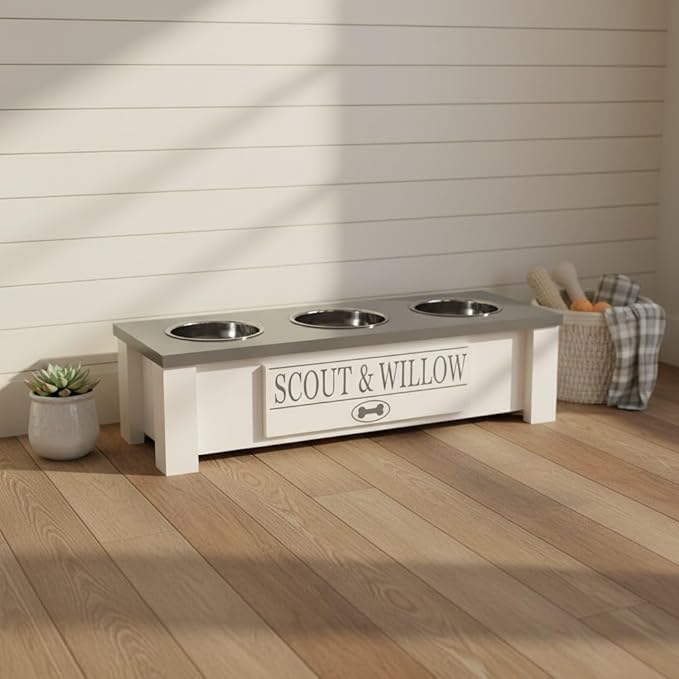 GTW Elevated 3 Bowl Dog Feeding Station - Customized Triple Stand for Small Dog Breeds - Includes Storage & Stainless Steel Bowls (Small, Grey)