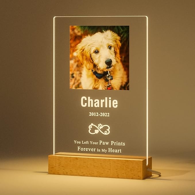 Bemaystar Personalized Dog Memorial Gifts Custom Photo Night Lights Pet Loss Gifts Dog Memorial Plaque Cat Memorial Photo Frame Sympathy Gifts with Picture Name Date
