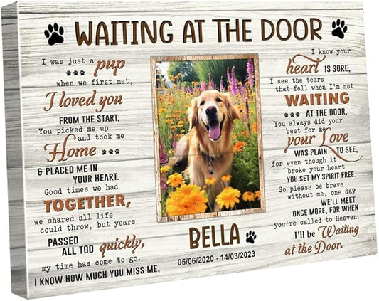 C80715 Personalized Memorial Waiting At The Door Canvas - Dog Frames with Pictures - Bereavement Sympathy Gift for Dog Lover Mom Dad