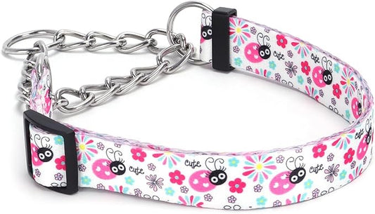 Martingale Dog Collar with Stainless Steel Chain - Limited Chain Cinch Training Collar for No Pull Training Dog - Flower Multicolor Cute Patterns - Premium No Slip Collar (HA12NO19, M)