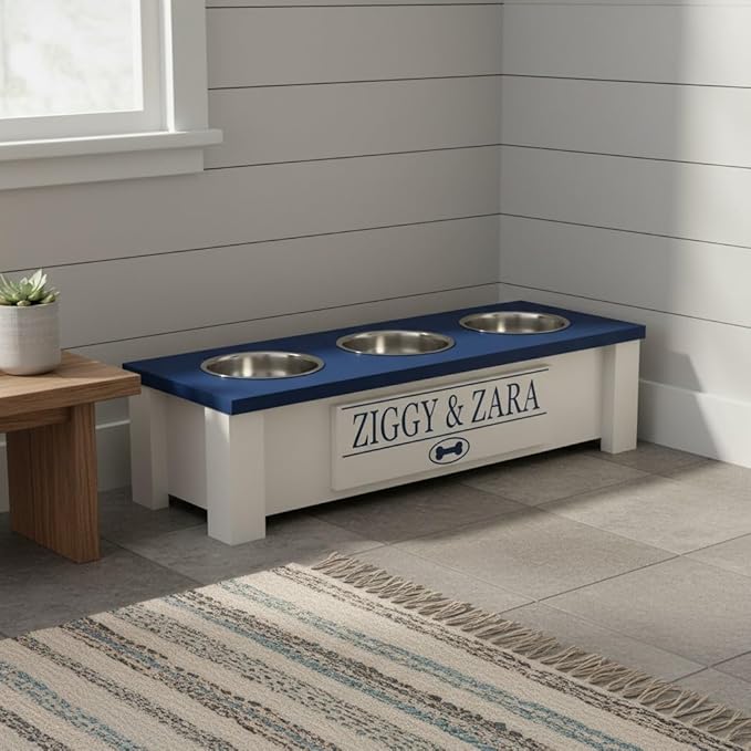 GTW Elevated 3 Bowl Dog Feeding Station - Customized Triple Stand for Small Dog Breeds - Includes Storage & Stainless Steel Bowls (Small, Blue)