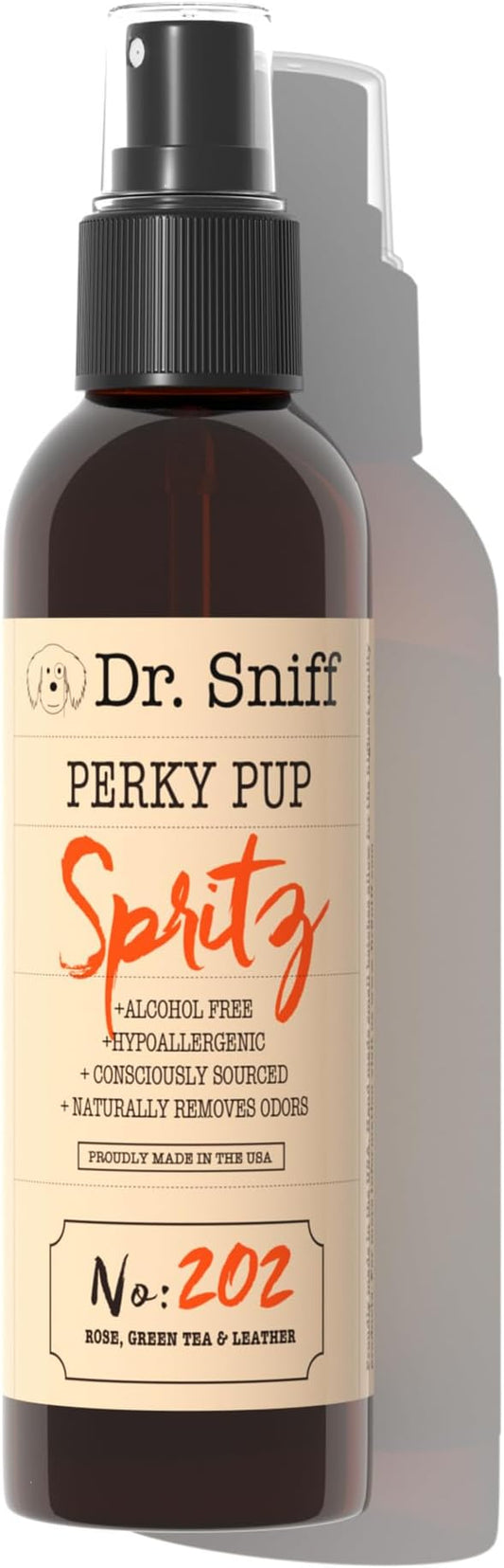 Dr. Sniff Freshening Spray for Dogs, Deodorizes Coat for Long Lasting Freshness, Alcohol-Free Cologne Spray, Grooming Supplies Safe for Sensitive Skin, Rose, Green tea & Leather Scent, 4 oz.