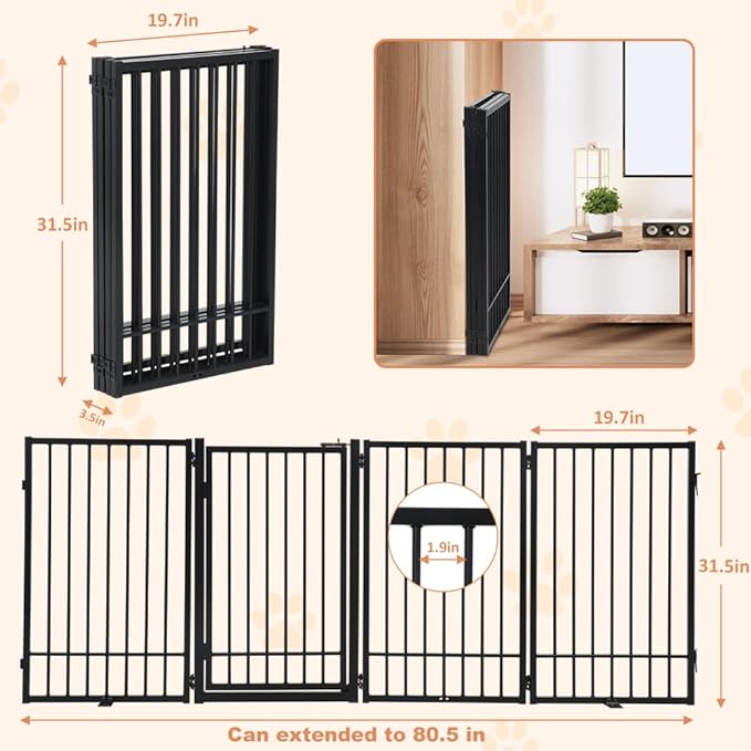 SMONTER Free Standing Dog Gate with Door Walk Through, 80.5'' Extra Wide Indoor Dog Fence, 31.5'' Height 4 Panels Foldable Metal Pet Puppy Gate for Stairs, Hallways, Doorway