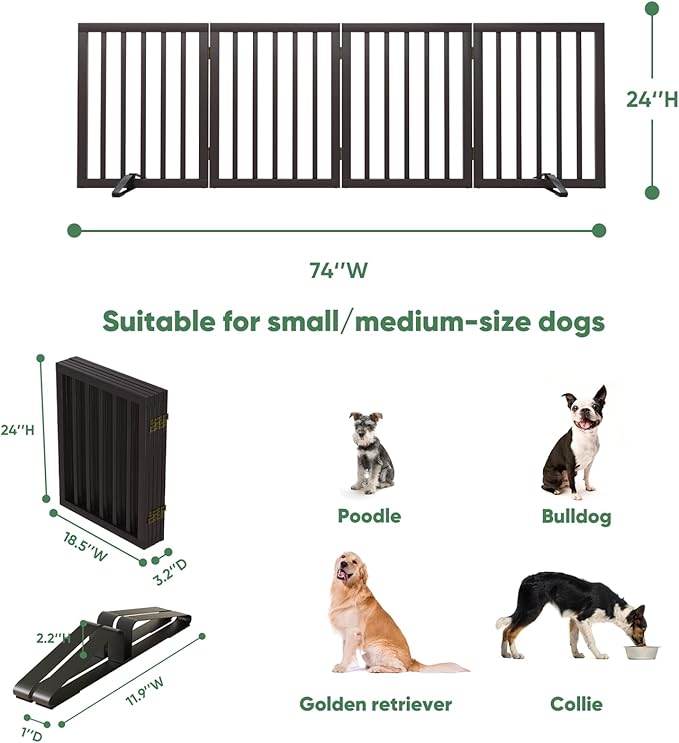 Dog Gates for Doorways, Foldable Dog Gate Indoor, Freestanding Pet Gates for Doorways Bedroom, Puppy Gate with Metal Support Feet, Room Divider 4 Panels (Brown)