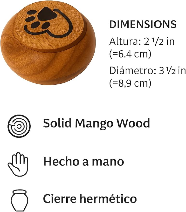 Handcrafted Small Pet Urn for Ashes – Mango Wood Memorial Keepsake for Dog or Cat – Paw & Heart Design – Holds up to 6 lbs – Mini Cremation Urn Box