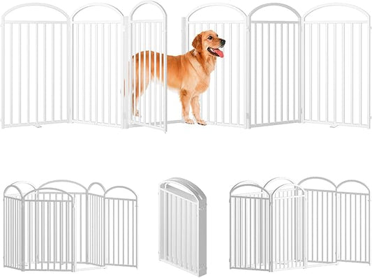 6 Panels Full Matel Freestanding Dog Gates with Door, 144"Extra Wide 36"Tall Free Standing Dog Pet Gate for Indoor & Outdoor. Foldable Pet Fences for Doorways, House, Stairs, Porch, Deck, Yard